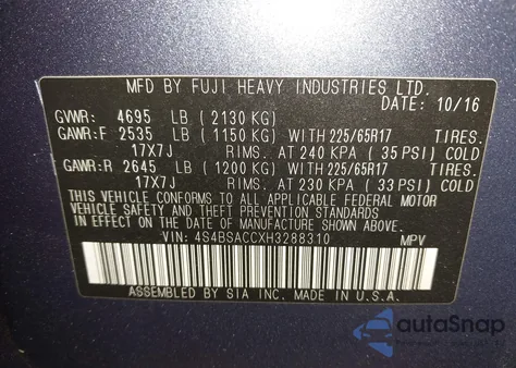 2017 Subaru Outback 2.5I Premium z USA, uszkodzony, nr VIN 4S4BSACCXH3288310